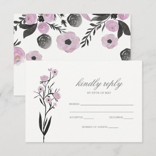 Paarse Waterverf Bloemen Lente Huwelijk RSVP (Voorkant / Achterkant)