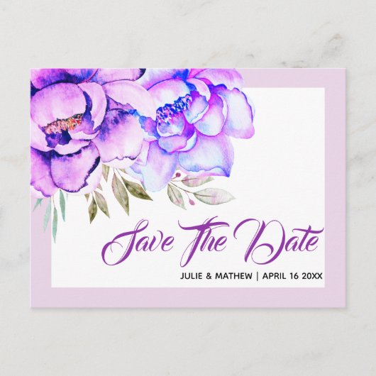 Paarse waterverf bloemen lila Opslaan Datum Briefkaart (Voorkant)