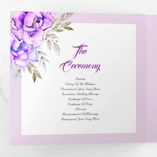 Paarse waterverf bloemen lila trouwfoto drieluik programma (Binnenzijde eerst)
