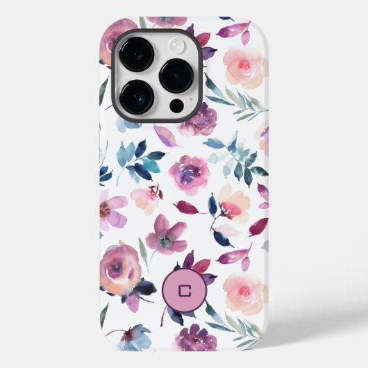 Paarse Waterverf Bloemen met monogram Case-Mate iPhone Case (Achterkant)