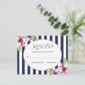 Paarse Waterverf Bloemen Navy Blue Stripes Wedding Briefkaart (Staand voorkant)