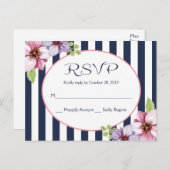 Paarse Waterverf Bloemen Navy Blue Stripes Wedding Briefkaart (Voorkant / Achterkant)