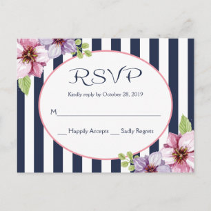 Paarse Waterverf Bloemen Navy Blue Stripes Wedding Briefkaart