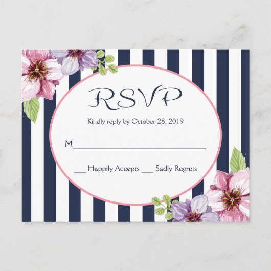 Paarse Waterverf Bloemen Navy Blue Stripes Wedding Briefkaart (Voorkant)