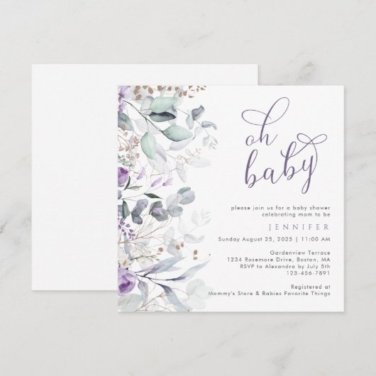 Paarse Waterverf Bloemen Oh Baby shower Kaart (Voorkant / Achterkant)