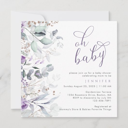 Paarse Waterverf Bloemen Oh Baby shower Kaart (Voorkant)