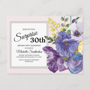 Paarse Waterverf Bloemen op Roze 30e Verjaardag Briefkaart