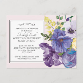 Paarse waterverf bloemen op roze afstudeerfeest briefkaart