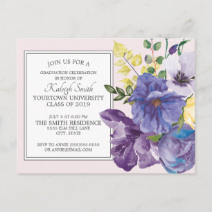 Paarse waterverf bloemen op roze afstudeerfeest briefkaart