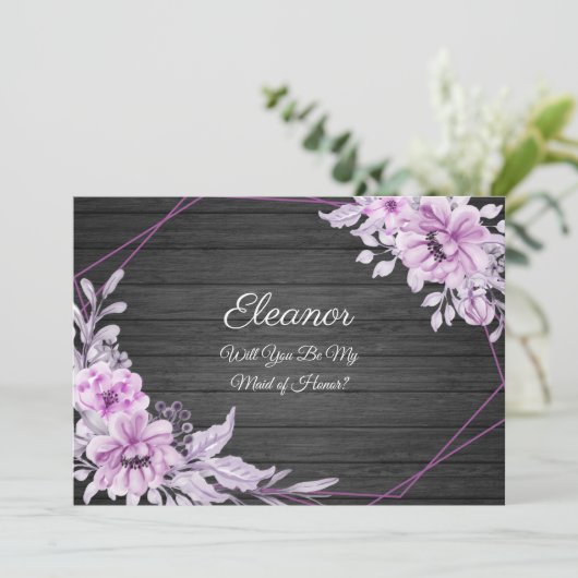 Paarse Waterverf bloemen op Rustisch hout Kaart (Staand voorkant)