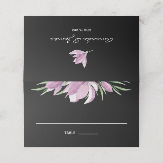 Paarse Waterverf Bloemen op Zwart Plaatskaartje (Buitenkant ongevouwen)