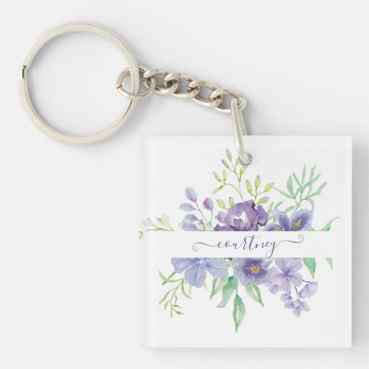 Paarse waterverf bloemen personalized sleutelhanger (voorkant)
