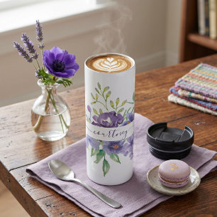 Paarse waterverf bloemen personalized thermosbeker