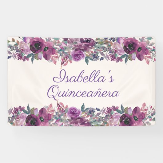 Paarse Waterverf Bloemen Quinceañera Banner (Horizontaal)
