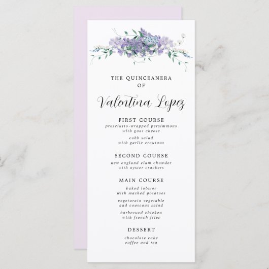 Paarse Waterverf Bloemen Quinceanera Menu (Voorkant / Achterkant)