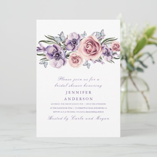 Paarse Waterverf bloemen Romantisch Vrijgezellenfe Kaart (Staand voorkant)