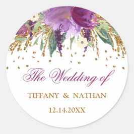 Paarse Waterverf Bloemen Sprankelende Amethist Ronde Sticker