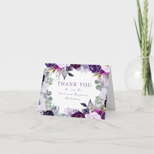 Paarse Waterverf Bloemen Trouw Dankjewel Bedankkaart (Voorkant)