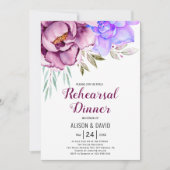Paarse waterverf bloemen trouwrepetitie diner kaart (Voorkant)