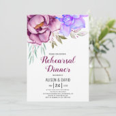 Paarse waterverf bloemen trouwrepetitie diner kaart (Staand voorkant)