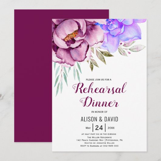 Paarse waterverf bloemen trouwrepetitie diner kaart (Voorkant / Achterkant)