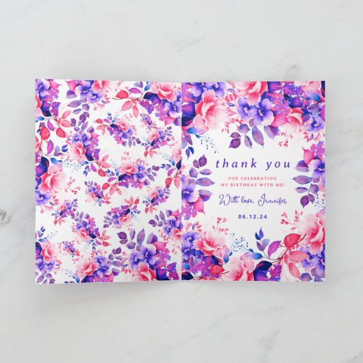 Paarse Waterverf Bloemen Verjaardagsfeest Dank u Bedankkaart (Binnen)