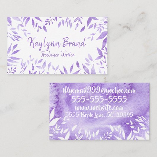 Paarse Waterverf Bloemen Visitekaartje (Voorkant / Achterkant)