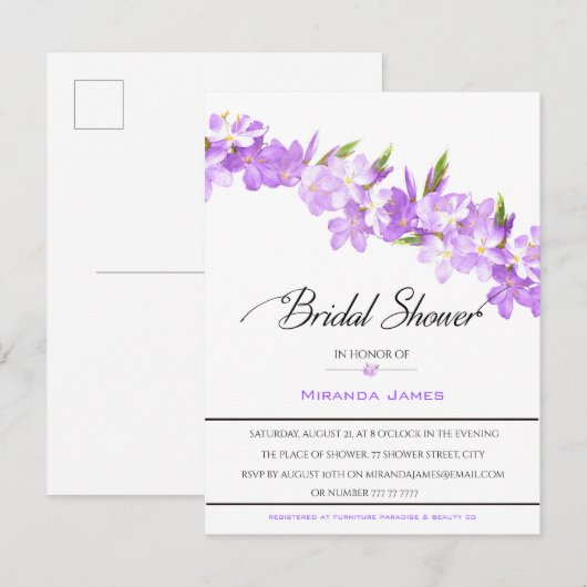 Paarse Waterverf bloemen Vrijgezellenfeest Uitnodiging Briefkaart (Voorkant / Achterkant)