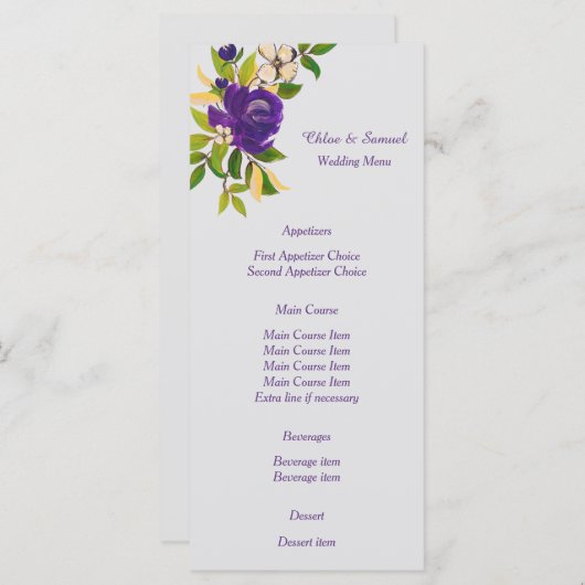 Paarse Waterverf Bloemen Wedding Menu (Voorkant / Achterkant)