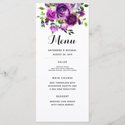 Paarse Waterverf Bloemen Wedding Menu (Voorkant)