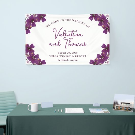 Paarse Waterverf bloemen Welkomsthuwelijk Spandoek (Beurs)