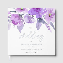 Paarse Waterverf Bloemen Zilveren Folie Wedding Gastenboek