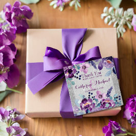 Paarse Waterverf Bloemen & Zilveren Glitter Bruilo Bedankjes Labels