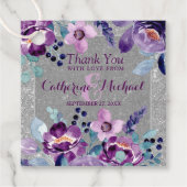 Paarse Waterverf Bloemen & Zilveren Glitter Bruilo Bedankjes Labels (Voorkant)
