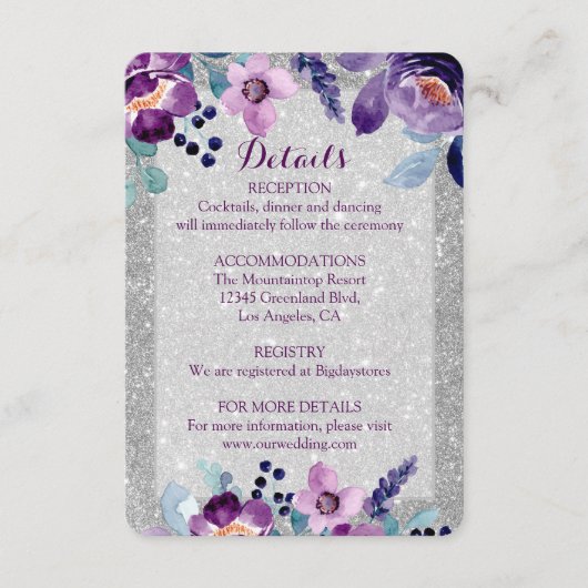 Paarse Waterverf Bloemen & Zilveren Glitter Bruilo Informatiekaartje (Voorkant)