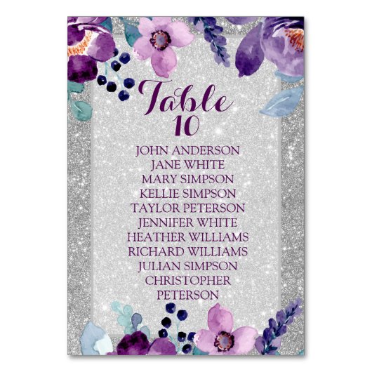 Paarse Waterverf Bloemen & Zilveren Glitter Bruilo Kaart (Voorkant)