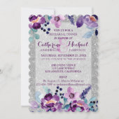 Paarse Waterverf Bloemen & Zilveren Glitter Bruilo Kaart (Voorkant)