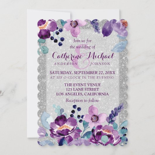 Paarse Waterverf Bloemen & Zilveren Glitter Bruilo Kaart (Voorkant)