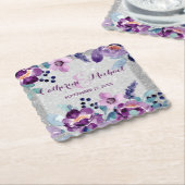 Paarse Waterverf Bloemen & Zilveren Glitter Bruilo Kartonnen Onderzetters (Gebogen)