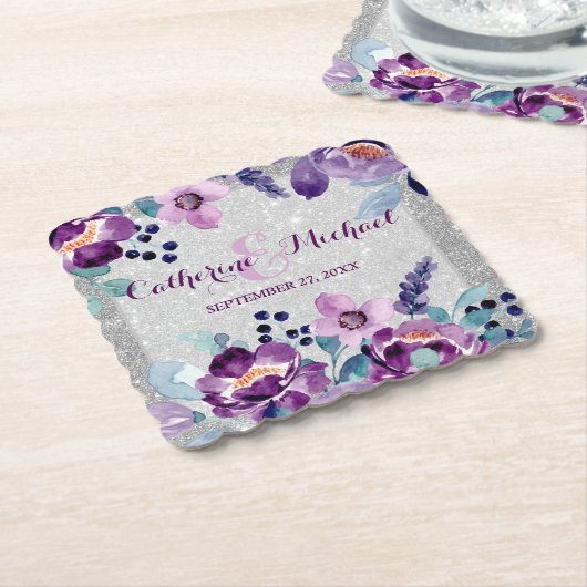 Paarse Waterverf Bloemen & Zilveren Glitter Bruilo Kartonnen Onderzetters (Gebogen)
