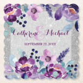 Paarse Waterverf Bloemen & Zilveren Glitter Bruilo Kartonnen Onderzetters (Voorkant)
