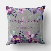 Paarse Waterverf Bloemen & Zilveren Glitter Bruilo Kussen (Achterkant)