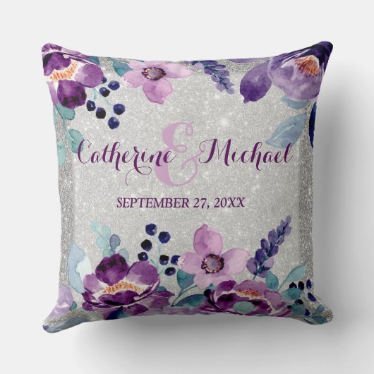 Paarse Waterverf Bloemen & Zilveren Glitter Bruilo Kussen (Achterkant)