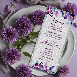 Paarse Waterverf Bloemen & Zilveren Glitter Bruilo Menu