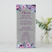 Paarse Waterverf Bloemen & Zilveren Glitter Bruilo Menu (Staand voorkant)