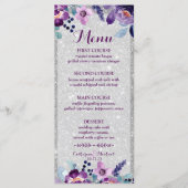 Paarse Waterverf Bloemen & Zilveren Glitter Bruilo Menu (Voorkant)