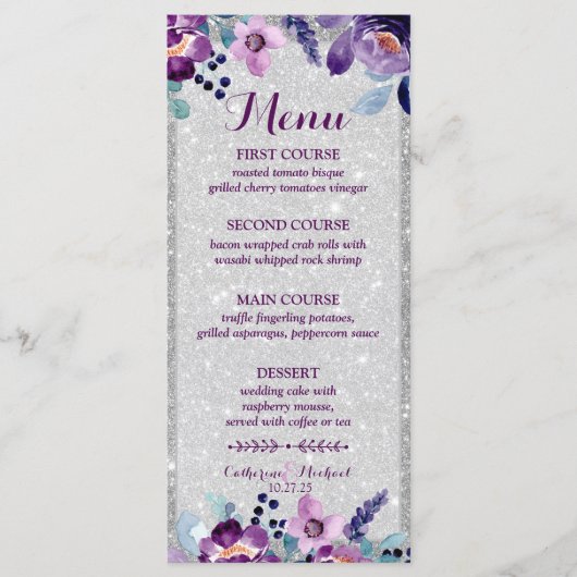 Paarse Waterverf Bloemen & Zilveren Glitter Bruilo Menu (Voorkant)