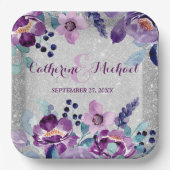Paarse Waterverf Bloemen & Zilveren Glitter Bruilo Papieren Bordje (Voorkant)