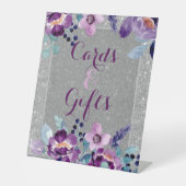 Paarse Waterverf Bloemen & Zilveren Glitter Bruilo Reclamebord Met Voetstuk (Voorkant)