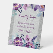 Paarse Waterverf Bloemen & Zilveren Glitter Bruilo Reclamebord Met Voetstuk (Voorkant)